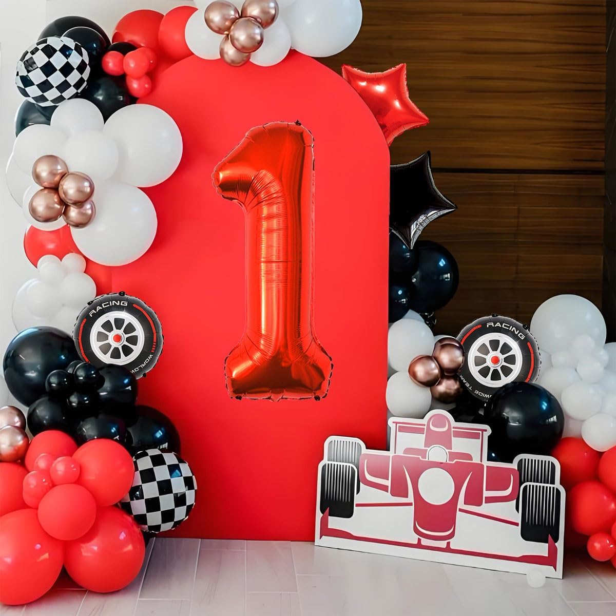 Race Car Birthday Party Decorations - 40 Inch Mylar Red Number 1 Balloons - Black Foil Checkered Race Car Balloons for 1st Birthday Race Cars Themed Party Decorations
