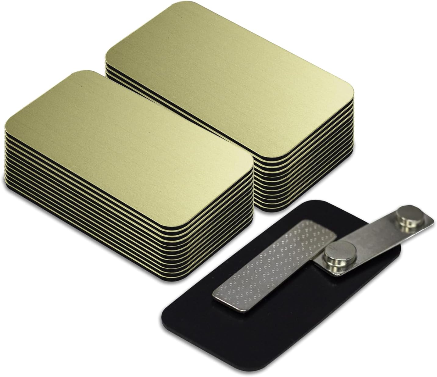 Brushed Gold Name Tag Blanks – 25 Pack, 1.5" x 3", Round Corners, Durable Engravable Badges with Magnetic Backing – All Quality Badges