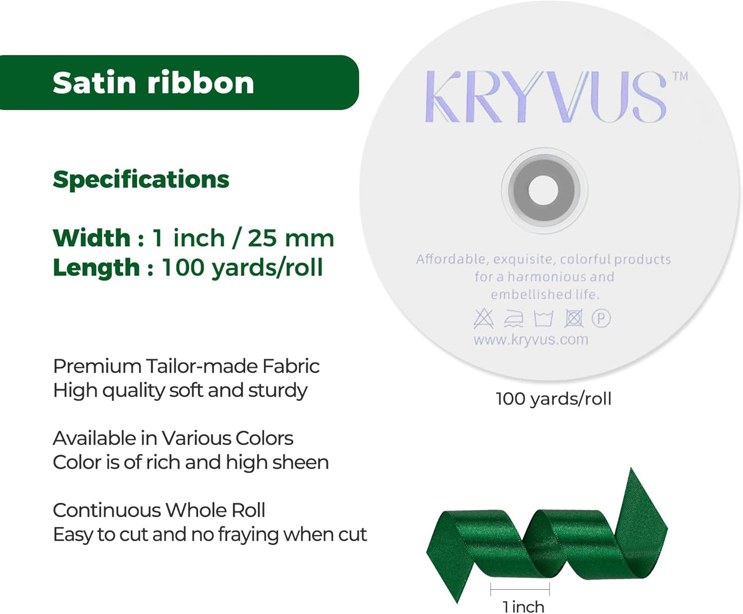 Green Satin Ribbon 1 inch X Continuous 100 Yards, Single Face Polyester Ribbon Perfect for Gift Wrapping, Flower Bouquet, Wedding Decor, Crafts, Bow Making, Sewing and More