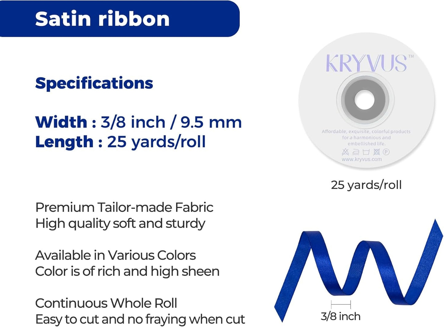 Royal Blue Satin Ribbon 3/8 inch X Continuous 25 Yards, Single Face Polyester Ribbon Perfect for Gift Wrapping, Flower Bouquet, Wedding Decor, Crafts, Bow Making, Sewing and More