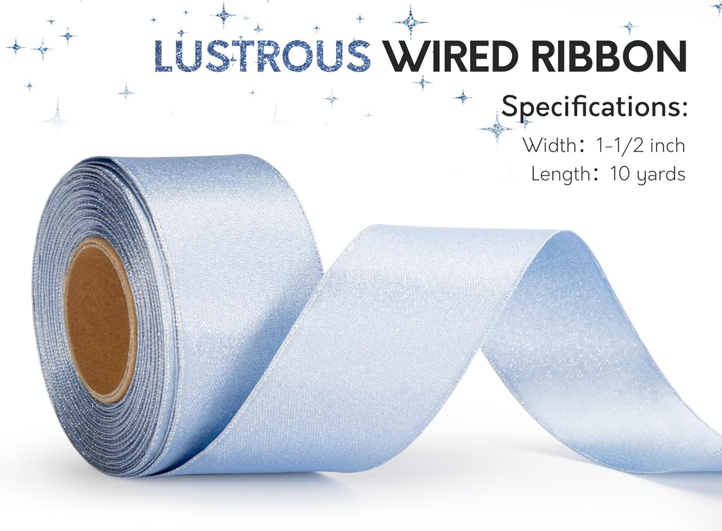 Light Blue Satin Wired Ribbon 1-1/2 Inch Double-Faced Sliver Glitter Christmas Ribbons for Wreath, Tree Decoration, Gift Wrapping, Home Decor 10 Yards