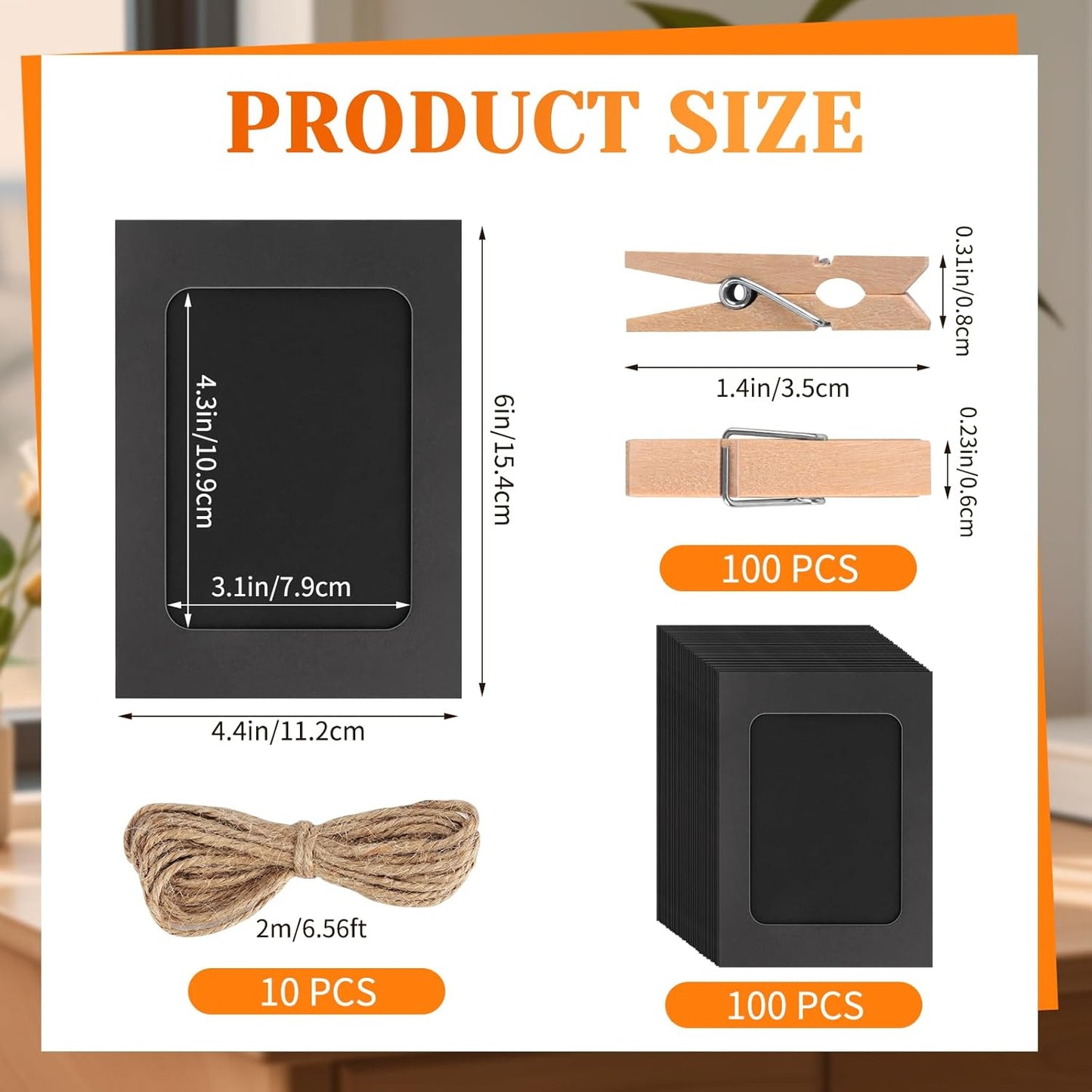 100 Pack Paper Picture Frames, 4x6 Inch Photo Strip Frame Hanging Photo Display Banner, Black Photo Holder with Wooden Clips and String for Wall Decor and Party Supplies