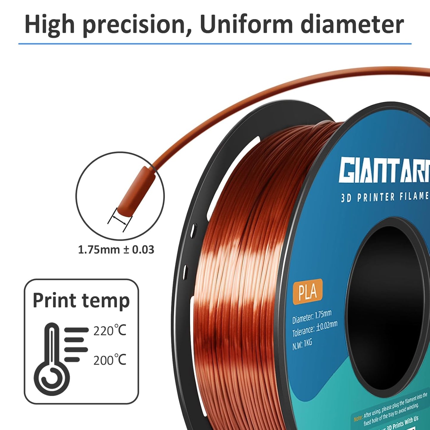 GIANTARM 3D Printer Filament, Silk Copper Pla Filament, 1Kg(2.2lbs) Spool, 1.75mm Dimension Accuracy +/- 0.03mm, 3D Printing Filament