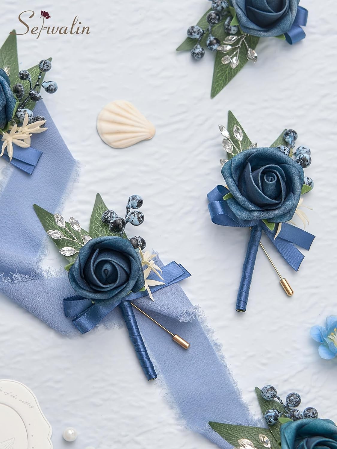 Serwalin 10Pcs Boutonniere for Men, Blue Groom and Best Man Boutonniere, Artificial Flowers for Wedding Decor Prom Homecoming Ceremony Anniversary Formal Dinner Party