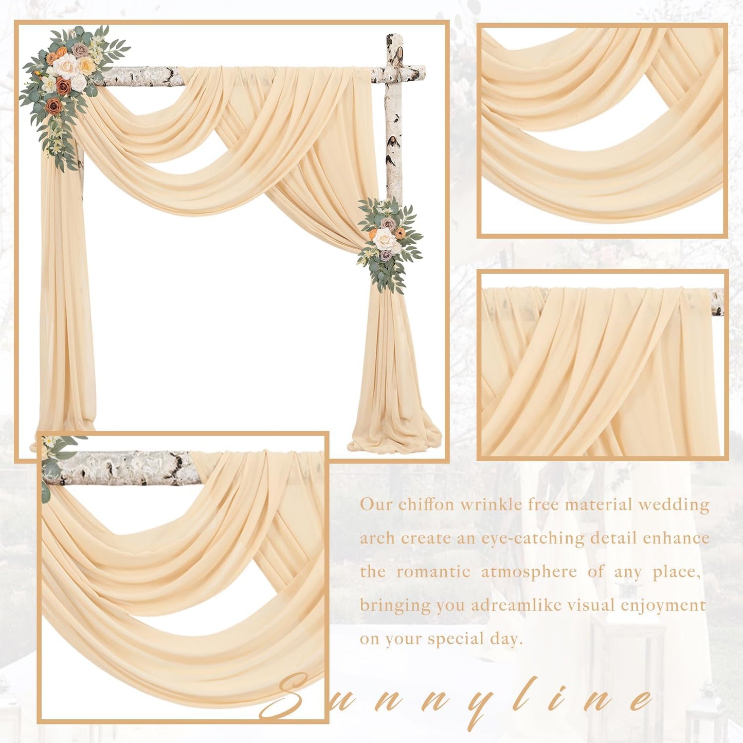 4 Panels Wedding Arch Draping Fabric 20Ft Length x 28" Width Champagne Arch Drapes Chiffon Fabric Sheer Curtains Backdrop for Party Bridal Decorations Wedding Ceremony Ceiling Stage Reception Decor