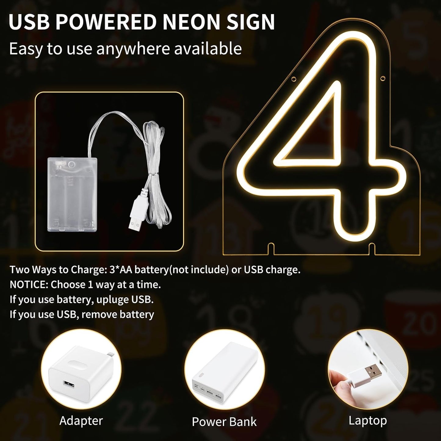 Number 4 LED Neon Sign Backdrop Birthday Party Decoration, 11.3" Height Warm White Marquee Numbers Four Light Up Sign for Wedding Anniversary Window Wall Table, Indoor Battery Operated or USB