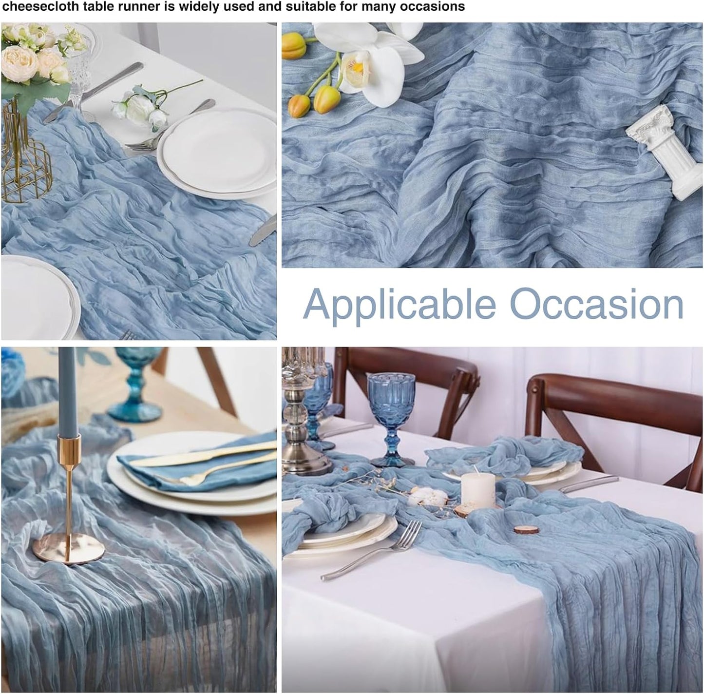 6 Pack Dusty Blue Cheesecloth Table Runner 20x120 Inch Boho Wrinkled Sheer Romantic Gauze Decor for Wedding, Bridal Shower, Birthday Party