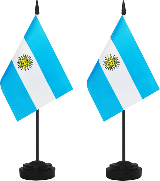 2 Pack Argentina Desk Flag Set, Argentine Desktop Small Miniature Table Office Flag with 12" Black Pole and Black Base, Offices, Classroom, Home, Festival Decoration (Argentina)