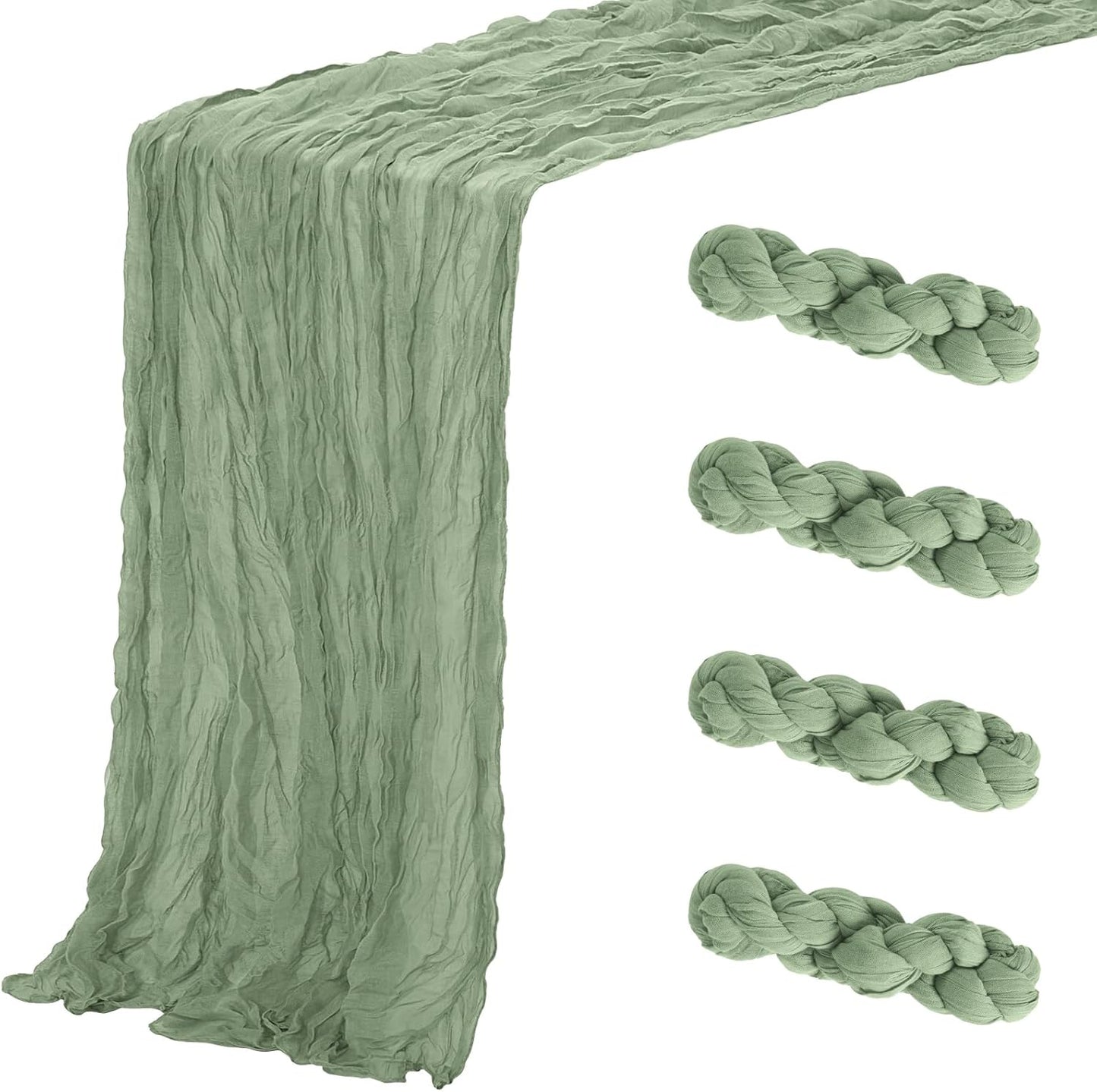 Aktor 4 Pack Sage Green Table Runner Boho Cheesecloth Table Runner Semi Sheer Gauze Fabric Runners for Wedding Birthday Baby Shower Party Boho Table Decoration（Sage Green）