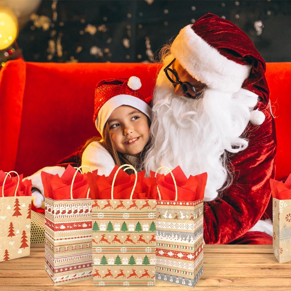 STPIYFZU Christmas Gift Bags, 25 Pack Small Christmas Gift Bags with Handles, Xmas Kraft Paper Bag Bulk with Tissue Paper, Xmas Holiday Present Bag (8.2" x 6" x 3.1")