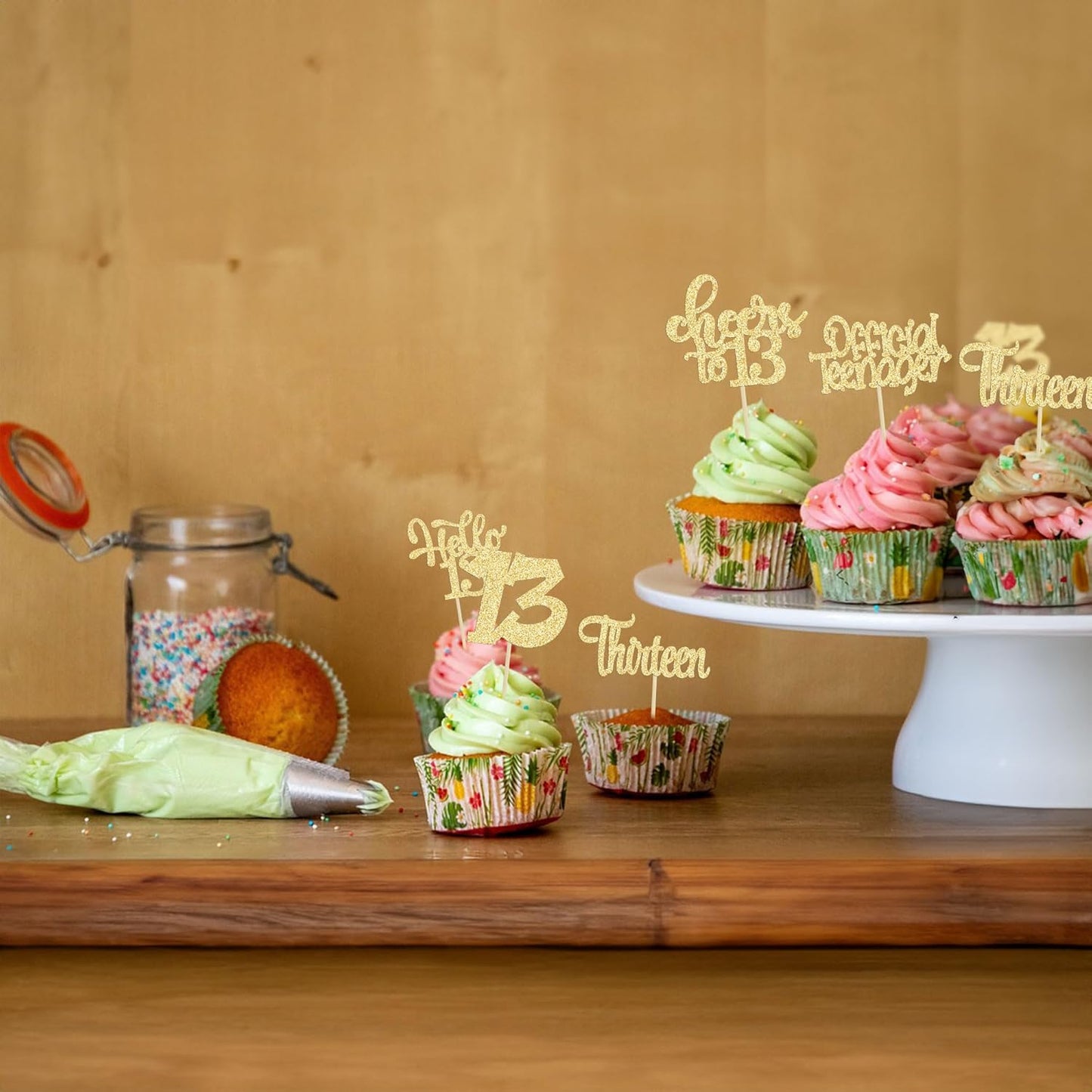 30Pcs 13th Birthday Cupcake Toppers Hello 13 Cupcake Picks Official Teenager Cheers to 13 Years Old Cake Decorations for 13th Birthday Anniversary Party Supplies Gold Glitter