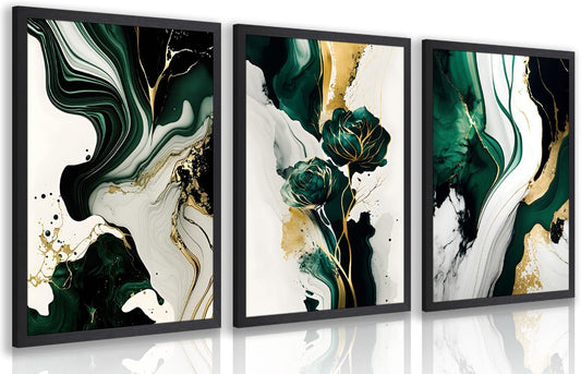 IAFWZX Wood Framed Green Gold Abstract Wall Art, Emerald Marble Textured Wall Decor, Contemporary Line Flower Canvas Paintings, Abstract Floral Poster Prints for Living Room Bedroom Office 12"x16"x3