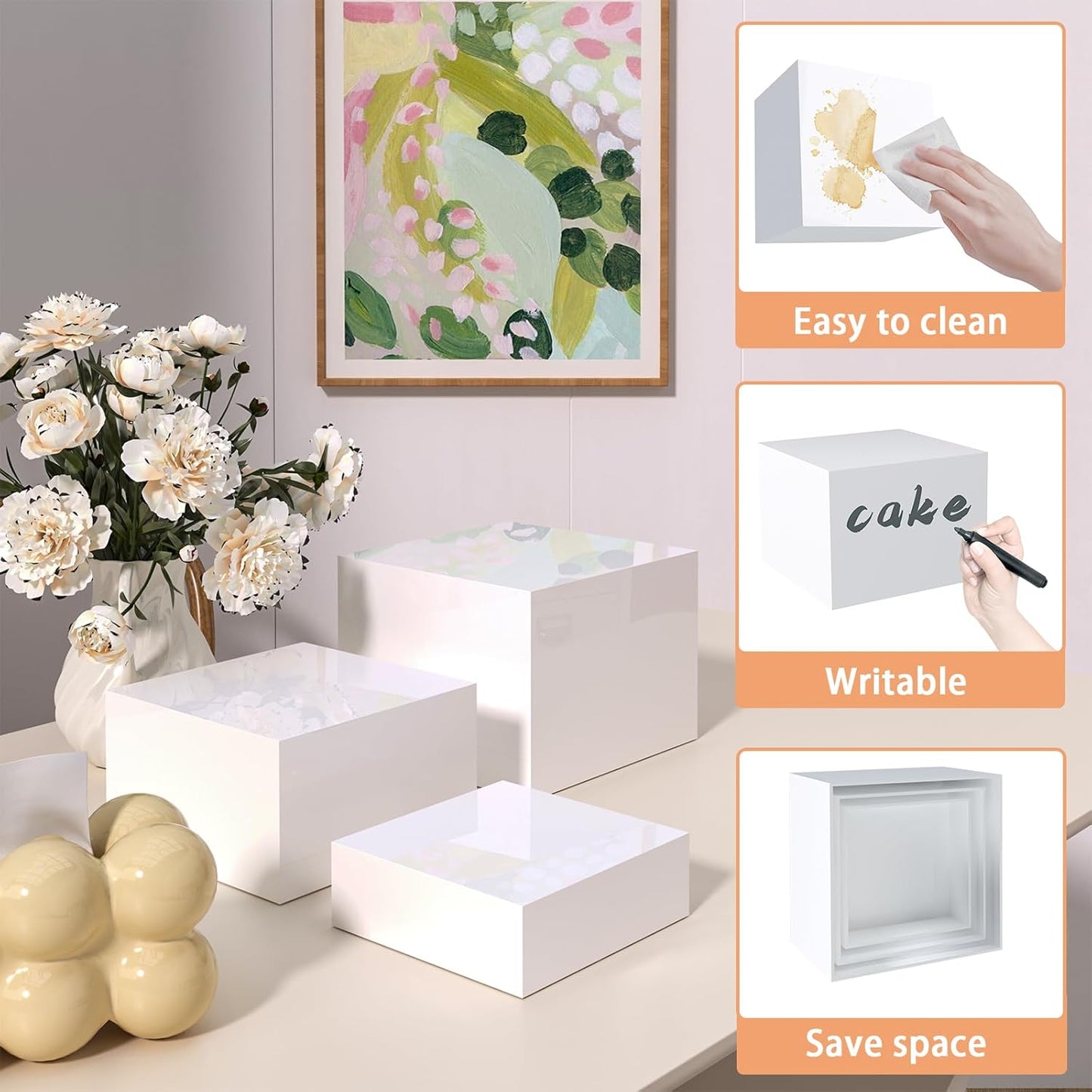 Buffet Risers, Food Display Risers for Party, White Acrylic Risers Display Stand for Buffet Table, Catering Displays for Dessert, Cube Box Nesting Riser with Hollow Bottoms (8"x9"x10" 3PCS)