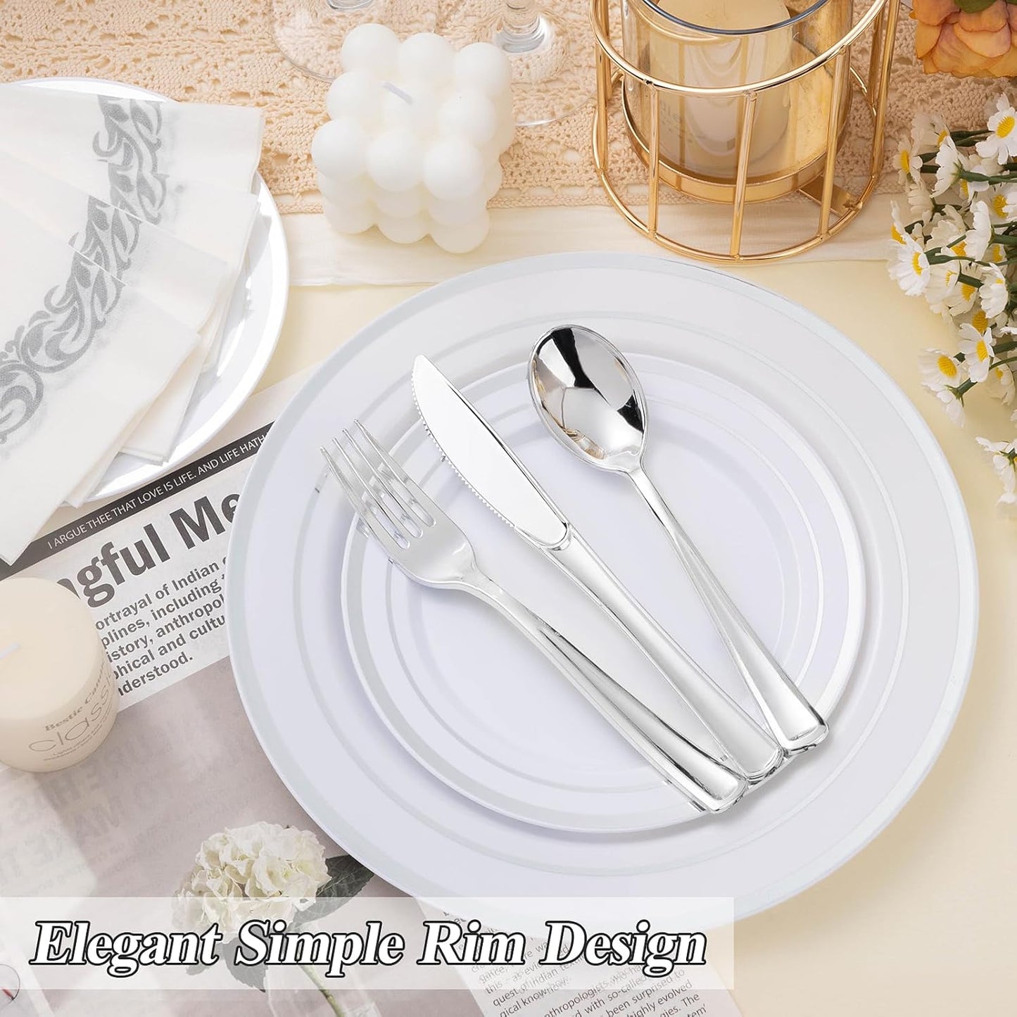 100PCS Silver Plastic Plates Set, 50 10.25 inch Dinner Plate and 50 7.5 inch Dessert Plates, Premium Disposable Plates for Party, Wedding