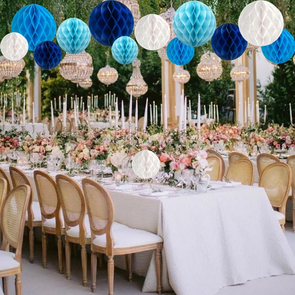 Aiminjey 12Pcs White Blue Paper Honeycomb Flower Balls 6'' 8'' 10'' Decorative Tissue Honeycomb Balls Paper Pom Poms Hanging Flower Balls Craft Kit for Wedding Nursery Room Home Party Décor
