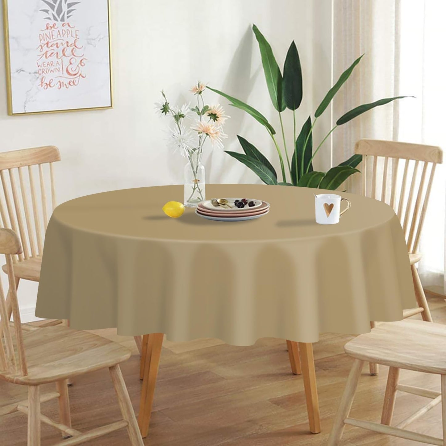 QIKSION Gold Round Tablecloth 6 Pack, 84 Inch Plastic Table Cover Disposable for Parties