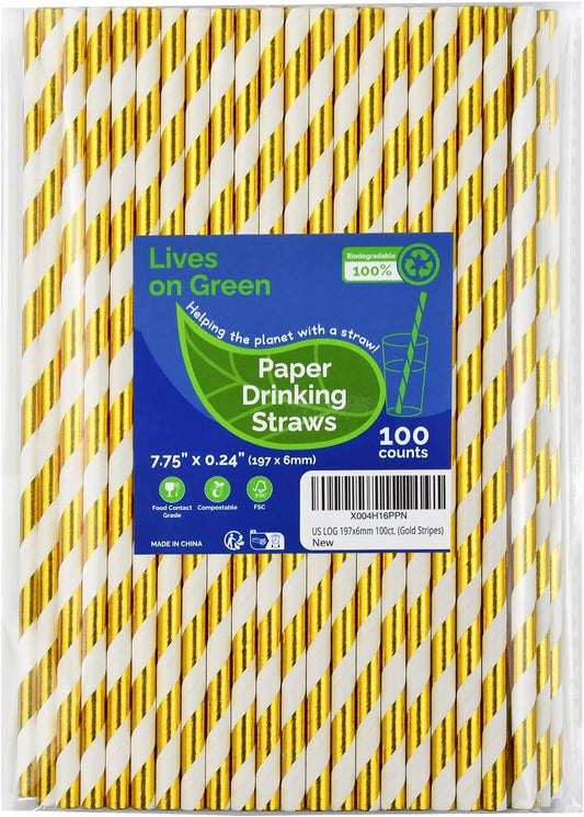 7.75 inch Gold/White Striped Paper Straws for Drinking 100 Counts for Bar, Restaurant, Wedding, Party - Unwrapped