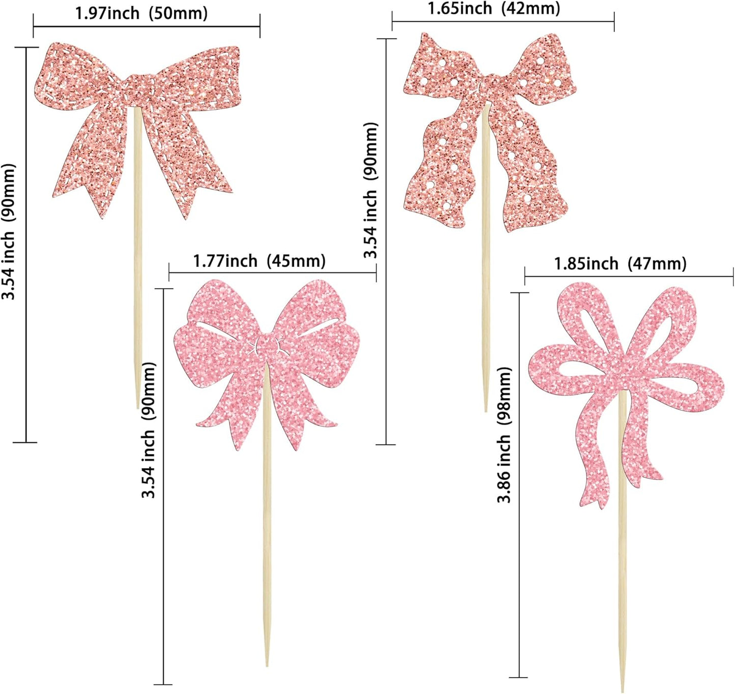 Ephlyn 24pcs Pink & Rose Gold Bow Cupcake Toppers - Perfect for Birthday, Baby Shower, Bridal Shower & Wedding Parties