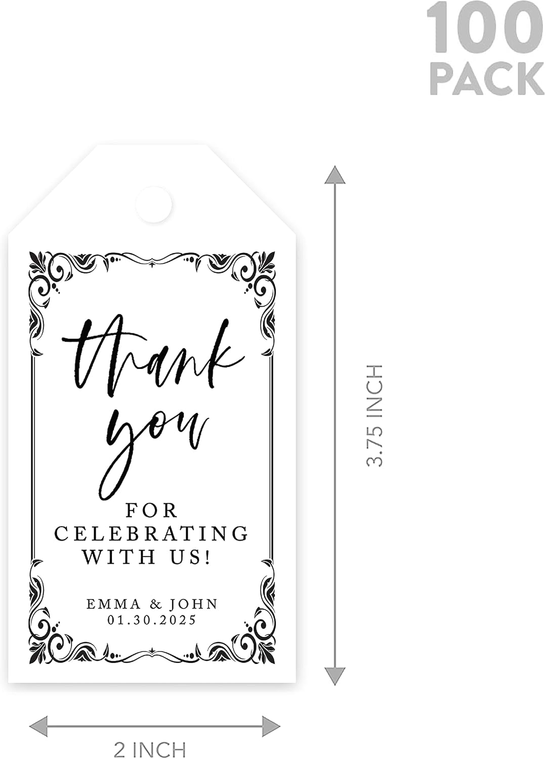 Andaz Press 100-Pack Personalized Thank You Tags with Bakers Twine Art Deco Custom Cardstock Gift Tags for Wedding Party Favors 2 x 3.75-Inches