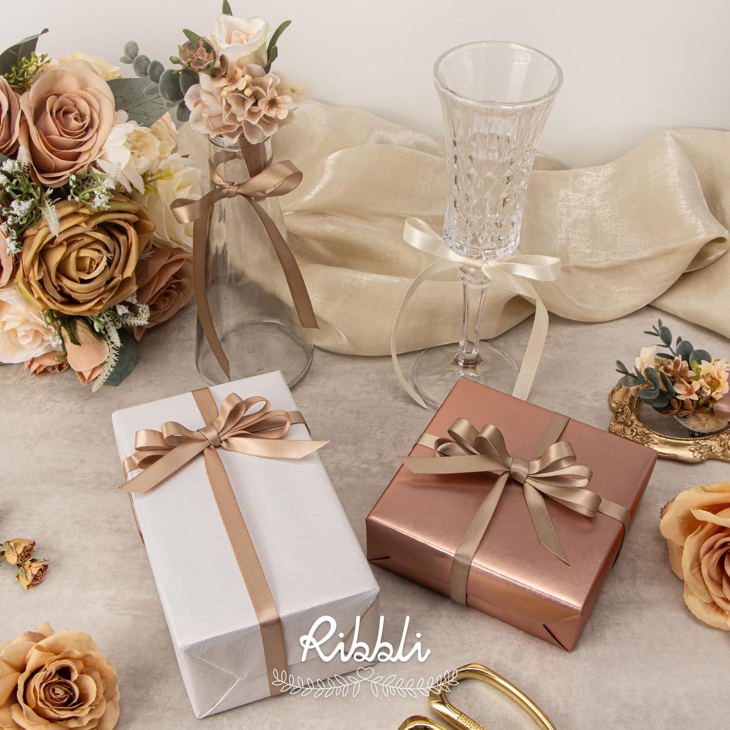 Ribbli Champagne Satin Ribbon 3/8 Inch x 4 Rolls Total 40 Yards-Ivory Champagne Ribbon for Gift Wrapping Craft Wedding Decoration