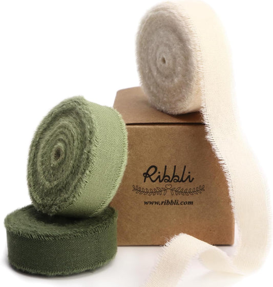Ribbli 3 Rolls Green Ribbon 5/8 Inch x 18Yards Ivory Sage Moss Handmade Cotton Frayed Fringe Ribbons for Gift Wrapping Wedding Invites Bridal Bouquets Baby Shower DIY Crafts Home Decor