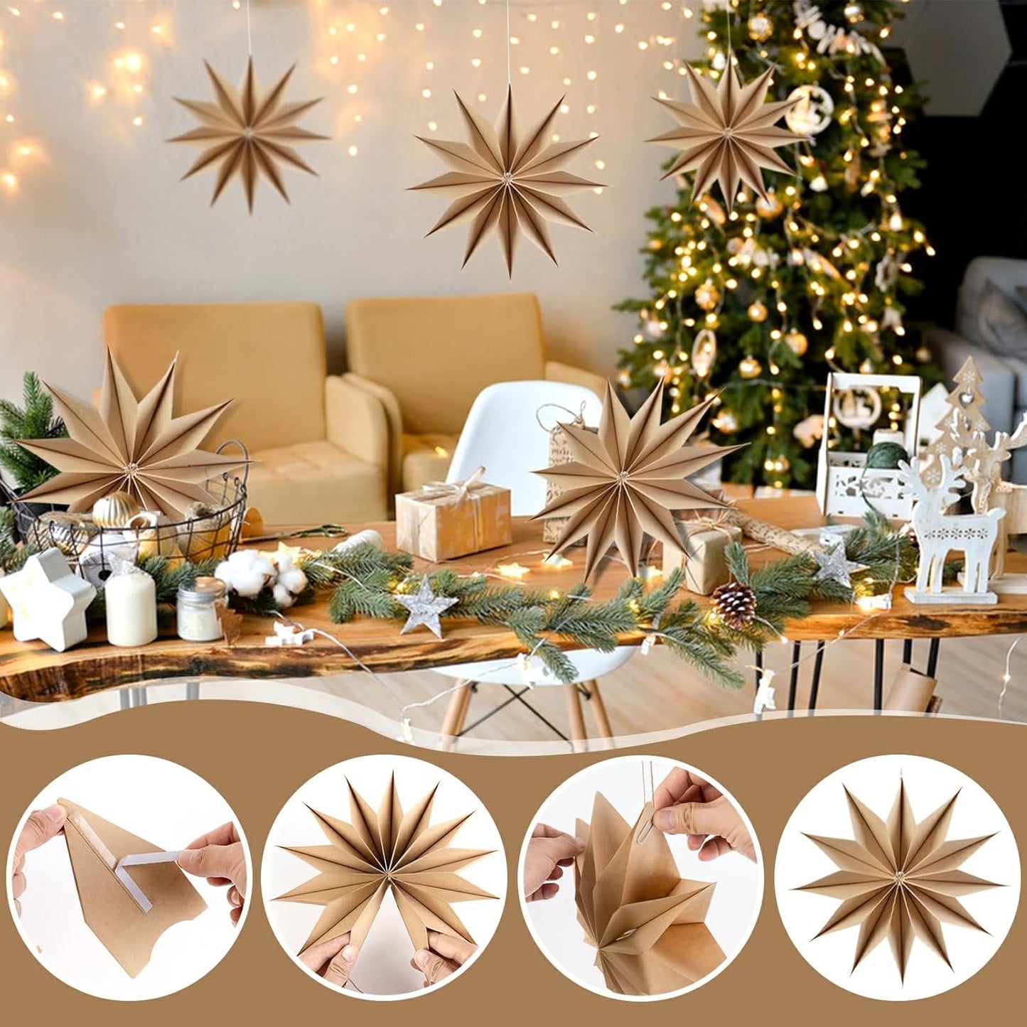 5 Pcs 12-Pointed Brown Paper Star Lanterns 12 Inch Hanging Lamp Rustic Paper Decorations Shade Scandi Home Party Decorations for Wedding Birthday Christmas