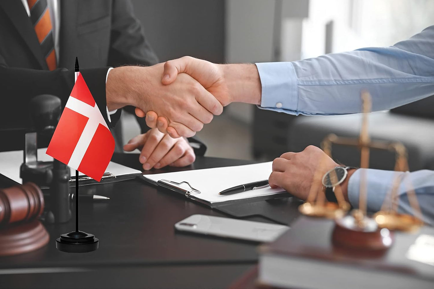 Denmark Danish Dane Deluxe Desk Flag Set Small Mini Miniature Denmark Danish Table Desktop Flags With Solid Pole, Black Base and Spear Top(2 Pack)