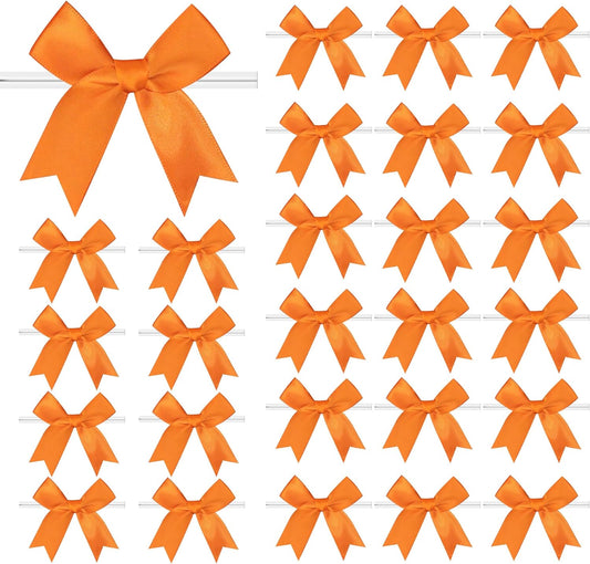 50 PCS Twist Tie Bows Satin Ribbon Bows 3.3 Inch Gift Wrap Bows Craft Bows for Gift Wrapping, Party Decorations Gifts Bag DIY Treat Bags Wedding Decor Baby Shower Christmas (Orange)