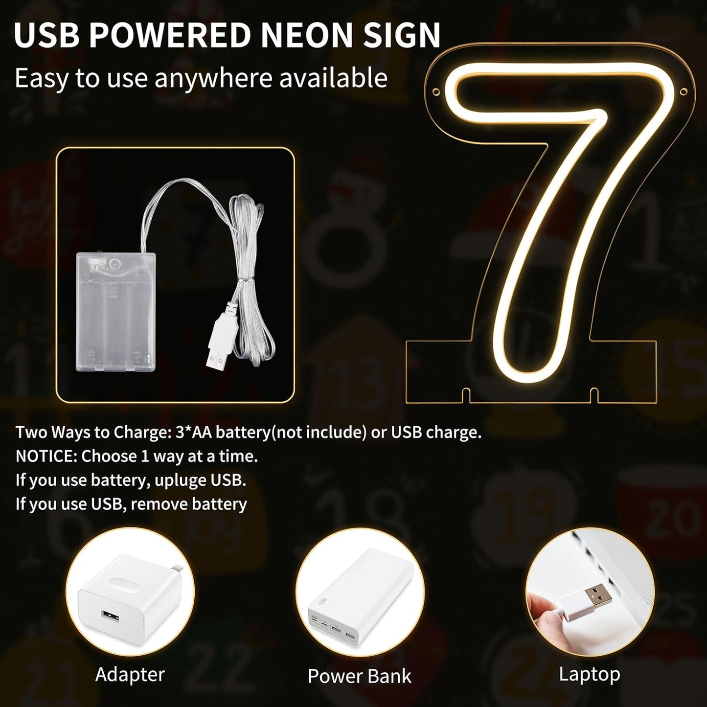 Number 7 LED Neon Sign Backdrop Birthday Party Decoration, 11.3" Height Warm White Marquee Numbers Seven Light Up Sign for Wedding Anniversary Window Wall Table, Indoor Battery Operated or USB