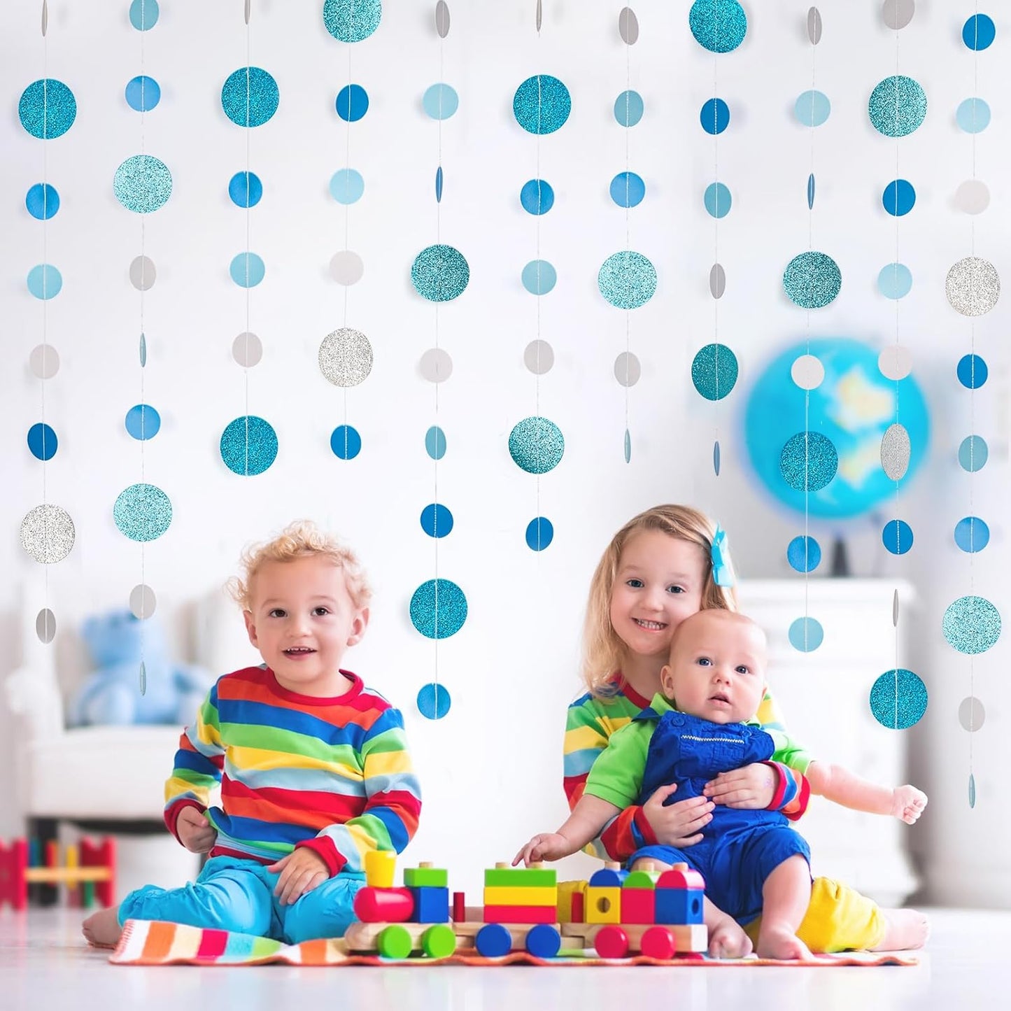 8 Pack Blue Glitter Dot Garland, Hanging Circle Streamers Banner, Backdrop Hanging Decorations for Baby Showers, Weddings, Birthday Parties, Winter Celebrations, and Holiday Decorations