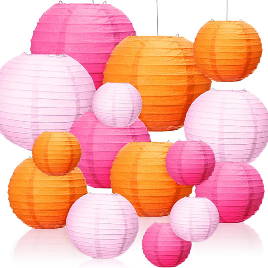 Riakrum 16 Pcs Pink and Orange Paper Lanterns Birthday Party Decorations Mixed Size 6'' 8'' 10'' 12'' Colorful Chinese Hanging Paper Lanterns for Wedding Home Decorations Supplies