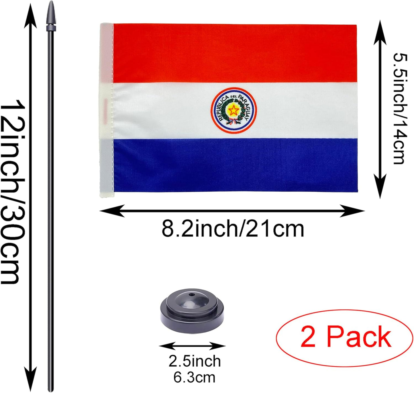WXTWK 2 Pack Paraguay Flag Paraguay Deluxe Desk Flag Set - Mini Small Paraguay Table Office Flags with Black 12" Solid Pole Stand Base Classroom Meeting Desktop Decorations