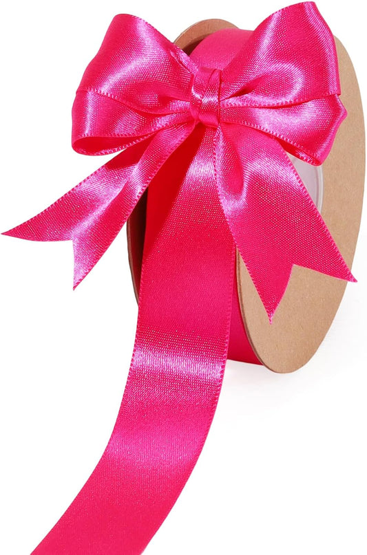 LaRibbons Hot Pink Satin Ribbon 1 Inch 25 Yards Luxury Double Faced Hot Pink Ribbon for Gift Wrapping Pink Breast Cancer Ribbons Flower Bouquet Crafts Wedding Party Christmas Decoration