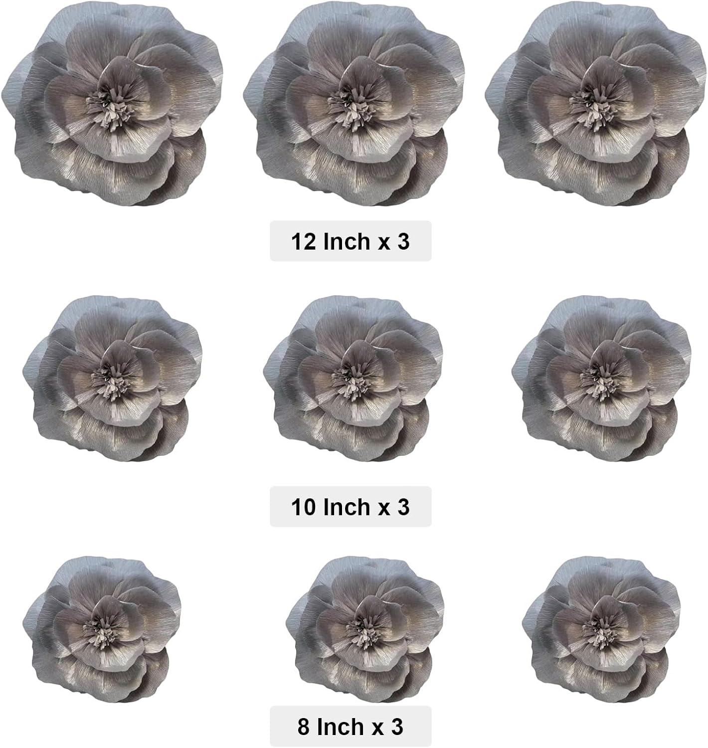 BRT Bearingshui Crepe Paper Flowers Decoration for Wall Total 9 Pcs, Artificial Flowers Backdrop for Wedding Decor Baby Bridal Shower Birthday Party, Silver 3D Wall Flowers Decor