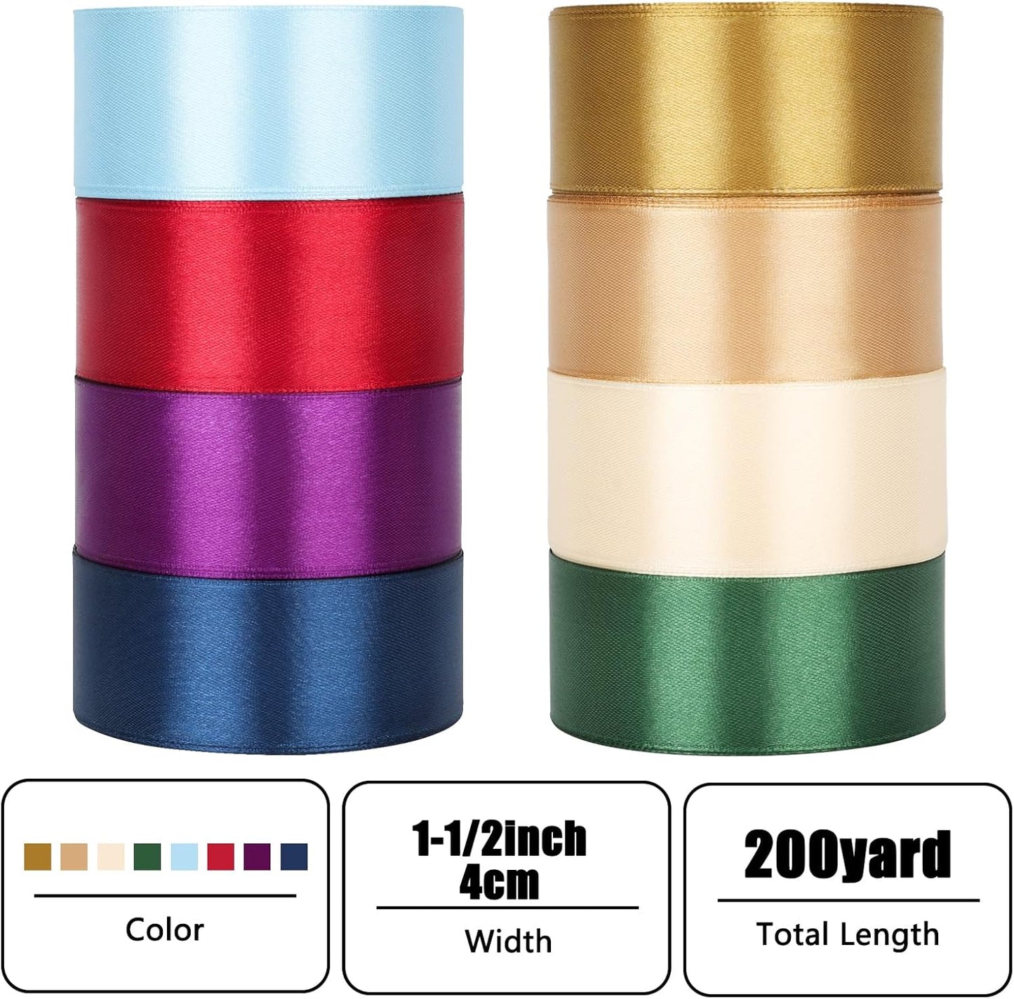 NESCCI 200 Yards Ribbon,1-1/2 Inch Satin Ribbon,Single Face Satin Ribbons, Perfect for Gift Wrapping,Wedding Decoration,Handmade Bows,Wrapping Bouquet and More