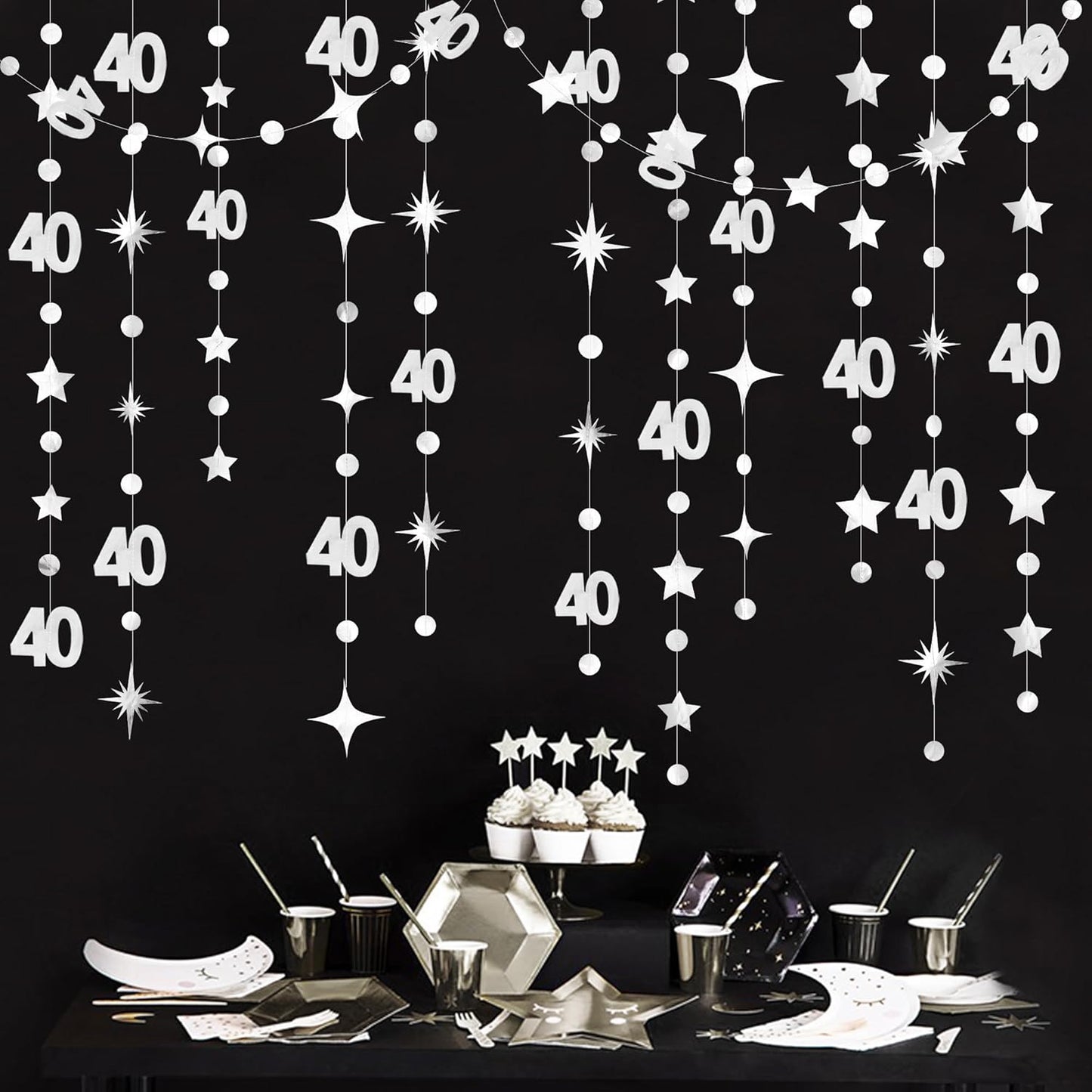 Silver 40th Birthday Decorations Number 40 Circle Dot Twinkle Star Garland Metallic Streamer Banner Backdrop for Women Mens Cheers to 40 Years 40 and Fabulous Happy 40th Anniversary Party Supplies