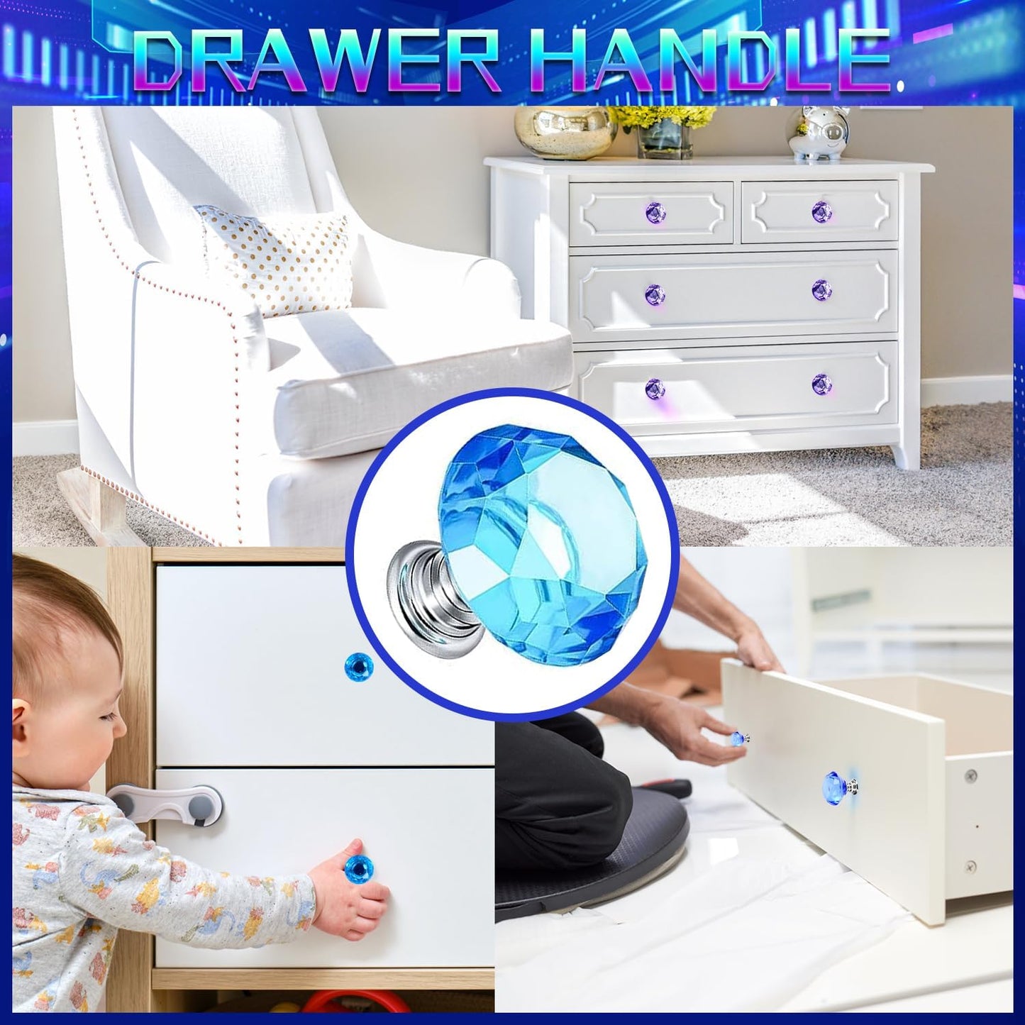 DIY Fairy Wand Garden Beads Stakes Wands Kit,Multiple Color Scheme European Beads Crystal Diamond Tops and 12 or 10 Inch Threaded Rods,Stainless Steel Stakes with Diamond Toppe(Purple+Aqua+Sapphire)