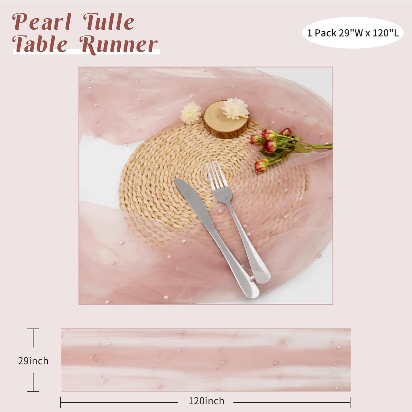 Pearl Table Runner 29 x 120 Inch Tulle Fabric Lace Table Runners Boho Rustic Tablecloth for Bridal Shower Birthday Party Wedding Arch Aisle Veil Dessert Table Decor(1 Pack, Dusty Pink)