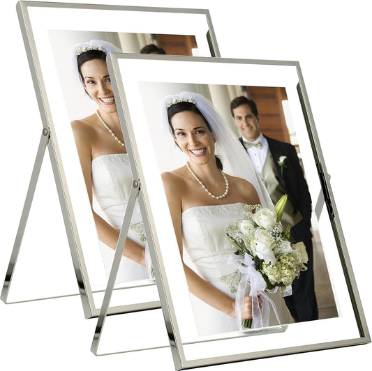 8x10''Floating Frame Silver Set of 2 For Photo Sizes 5x7,6X8,7x9'', for Desktop/Shelf Display Silver Plated Frame for Gift Choice of Wedding, Christmas,Birthady.