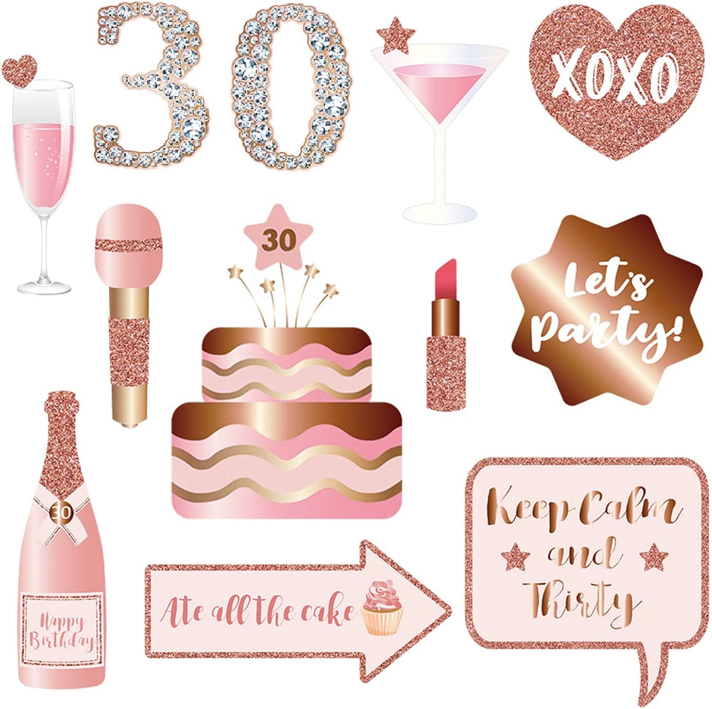 30th Birthday Party Photo Booth Props and Signs, Rose Gold 30 Birthday Party Selfie Props Kit with Sticks for Girls Women, Thirty 30th Happy Birthday Party Decorations Supplies Favors