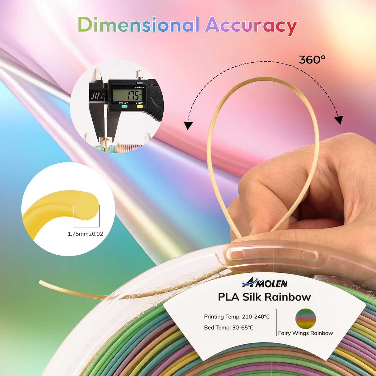 AMOLEN Silk PLA 3D Printer Filament, Shiny Multicolor Rainbow PLA Filament 1.75mm, Gradient Color Change PLA 3D Printing Filament for Most FDM 3D Printer, Yellow Green Blue Pink, 1kg (2.2lbs)