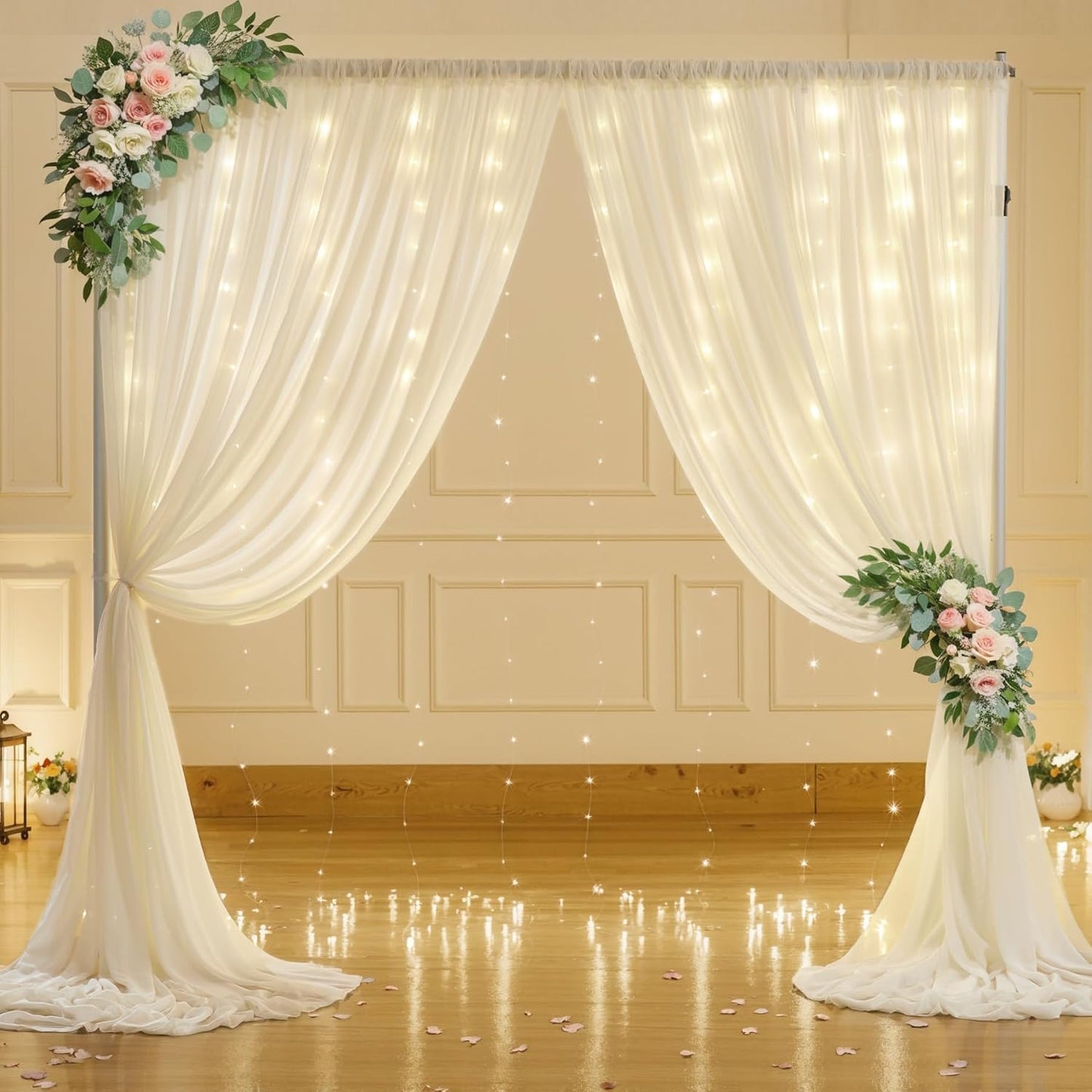10ft x 7ft Ivory Chiffon Backdrop Curtain with Lights String for Parites Wedding Wrinkle Free Curtain Photo Backdrops Drapes for Baby Shower Birthday Party Home Decorations