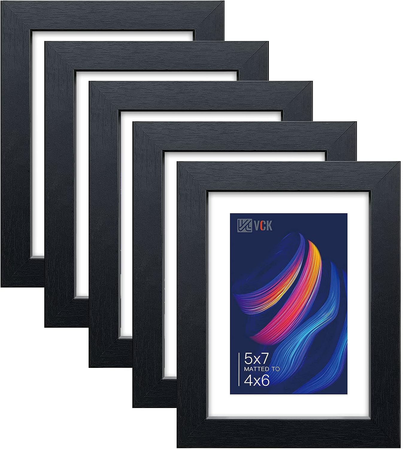 VCK 5x7 Picture Frame Black Set of 5, Textured Exclusive Wooden Photo Frames with HD Glass | Matted to 4x6 or 5x7 without Mat