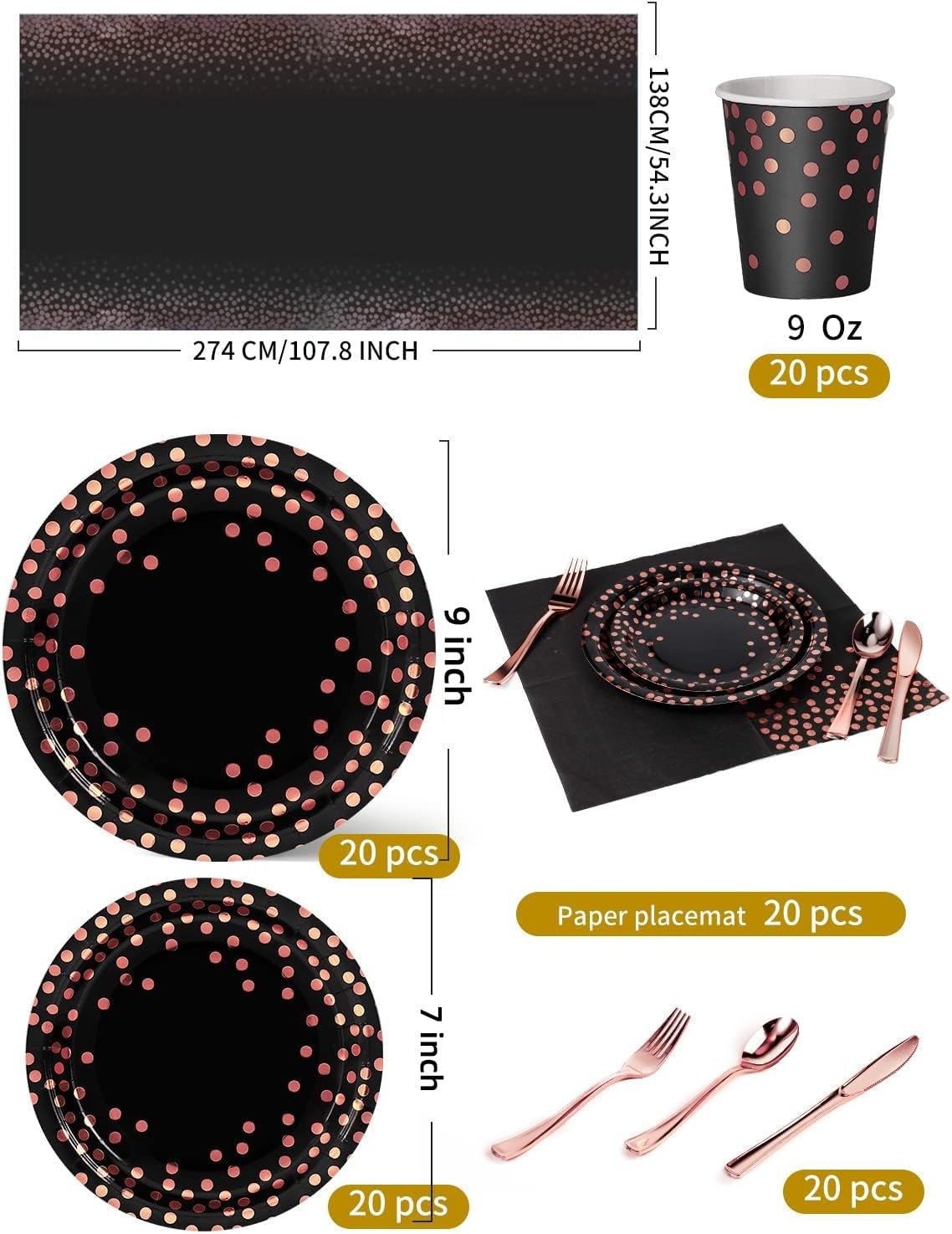 141 Pieces Black and Rose Gold Party Supplies, Party Dinnerware Sets Include Paper Plates Napkins Cups Silverware, for Wedding Bridal Shower Engagement Birthday Parties Decoration -20 Serves