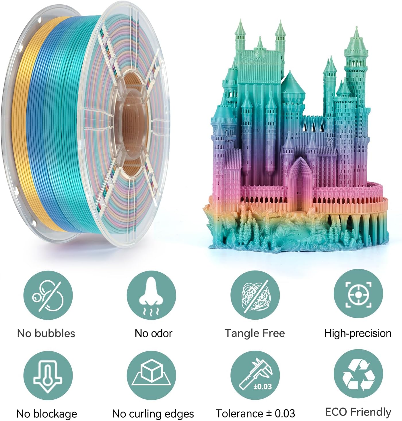 Kingroon Rainbow Filament 3D Printer Filament Color Changing 1kg Dimensional Accuracy ±0.03mm,Gradually Random Quickly,Fit Most 3D Printers