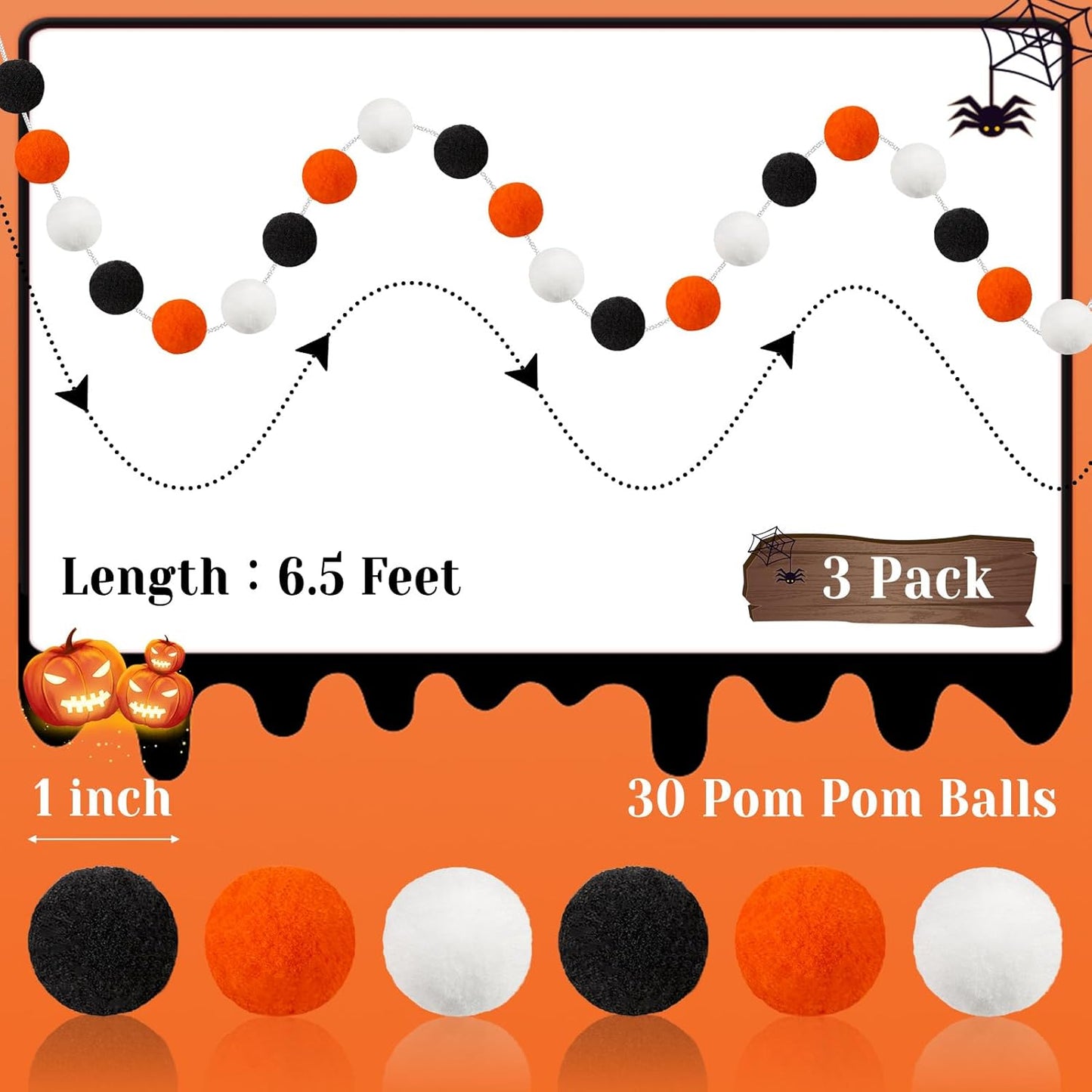 3 Pack Pom Pom Garland Colorful Felt Ball Garland Decorations, 6.5 Feet Long with 30 Balls Banner Hanging Supplies for Halloween, Parties (Orange, black &White)