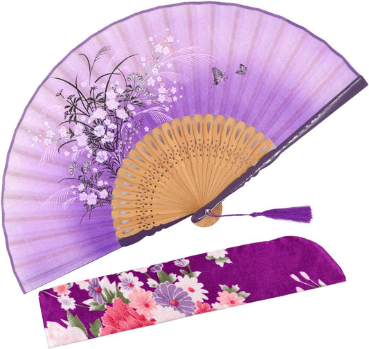 Amajiji Small Folding Hand Fan for Women, Chinese Japanese Vintage Style Bamboo Silk Fans for Party Wedding Dancing Decoration Gift Performance (AM-33)