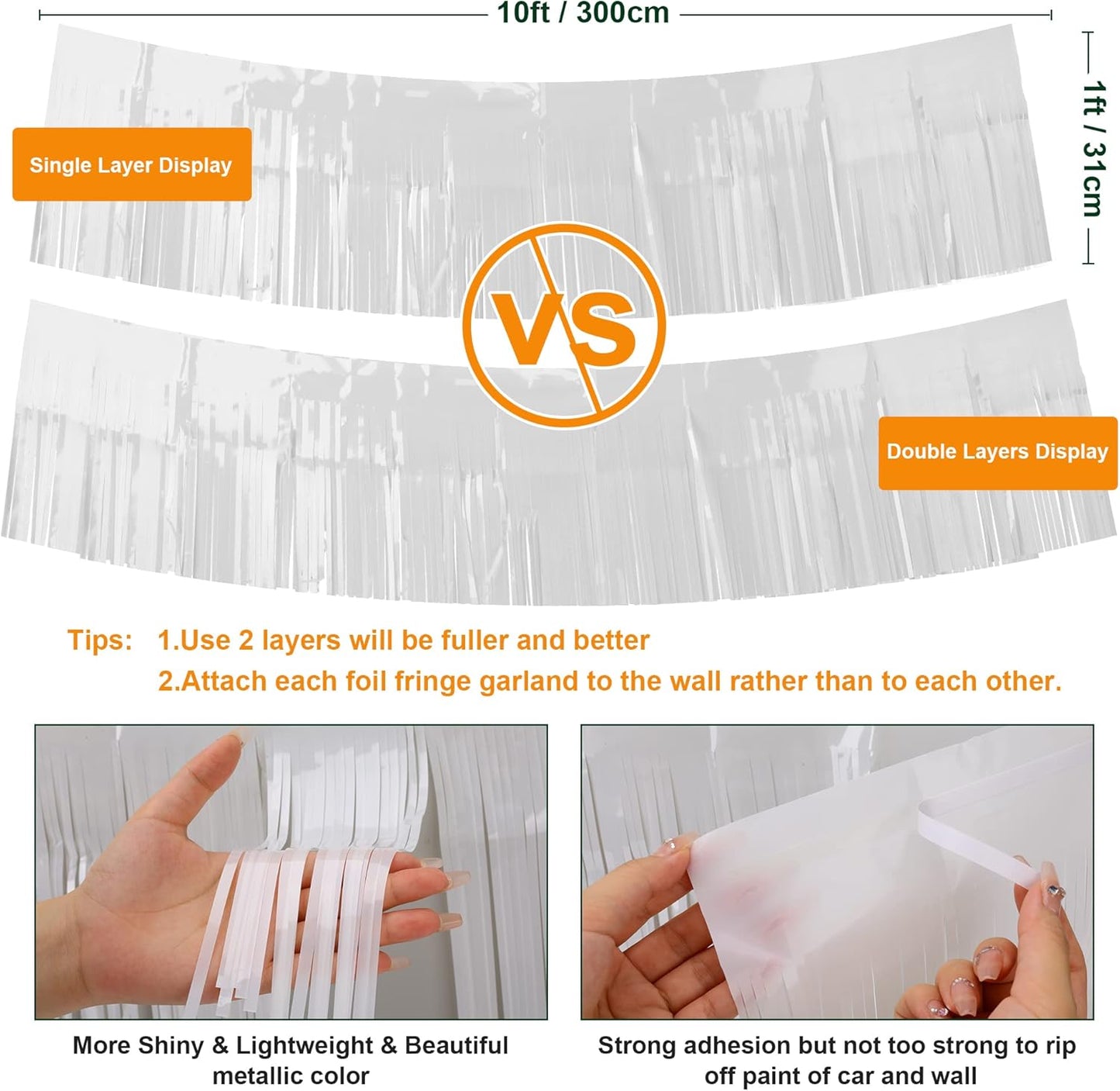 4 Pack Iridescent Float Fringe Curtains, Metallic Foil Fringe Garland Shiny Tassel Foil Parade Float Decorations for Trailer Car Graduation Homecoming Outdoor Indoor Party (White)