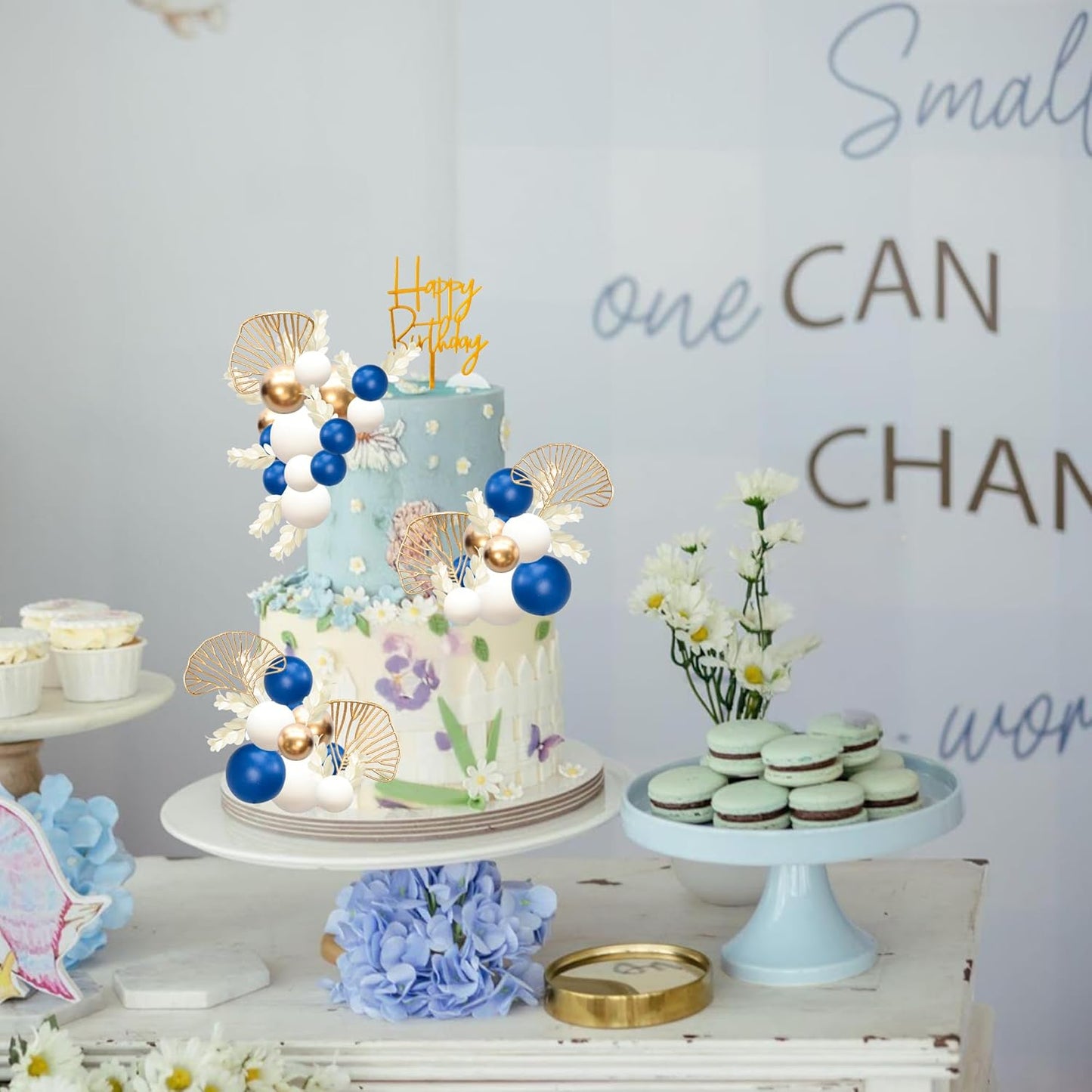 Gyufise 57Pcs Balls Cake Topper Boho Grass Cake topper Pearl Balls Acrylic Happy Birthday Cake Decorations for Wedding Baby Shower Birthday Boho Themed Party Supplies Royal Blue