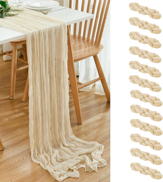 12 Pack Beige 10 Ft Cheesecloth Table Runner 20x121 Inch Boho Wrinkled Sheer Romantic Gauze Decor for Wedding, Bridal Shower, Birthday Party